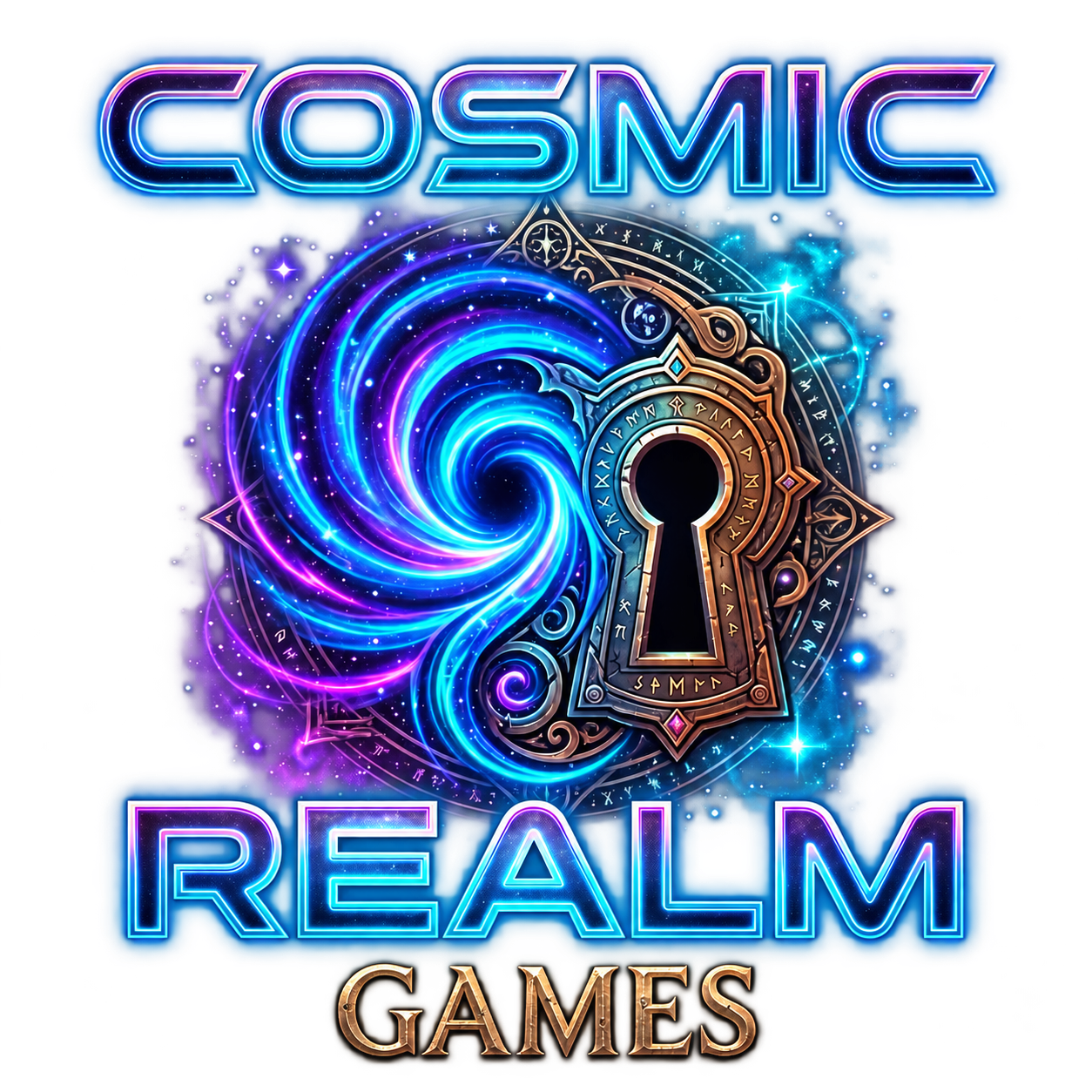 Cosmic Realm Games logo, a glowing cosmic portal and keyhole